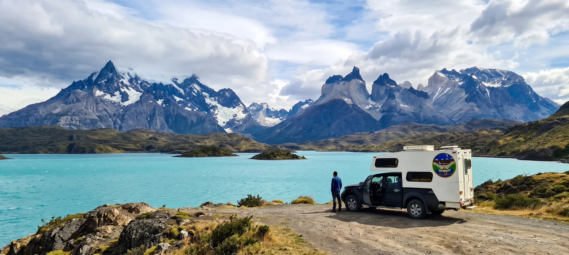 Truck camper beside a turquoise lake below the Torres del Paine peaks, Patagonia